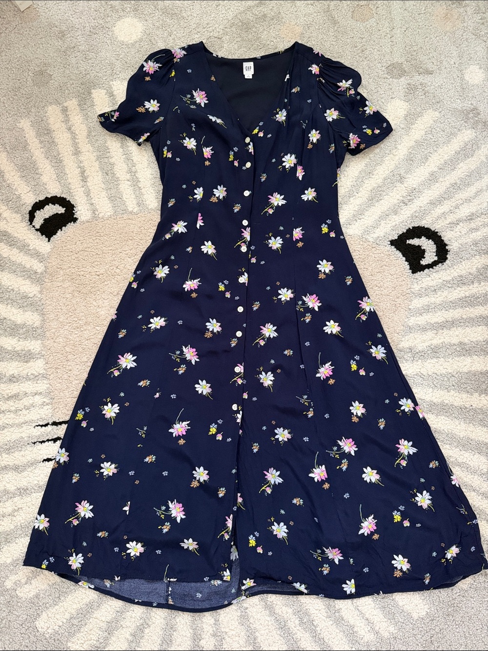 Gap Retro Navy Blue Floral Daisy Button Front Midi Dress Size 6